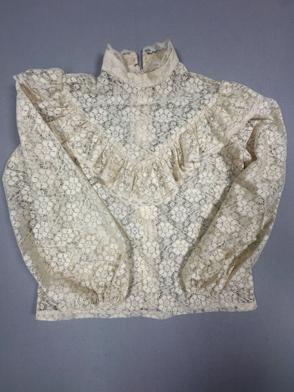 Vintage Captive Fashion Cream Lace Blouse High Neck Ruffle Sheer Back Zipper - Picture 3 of 8